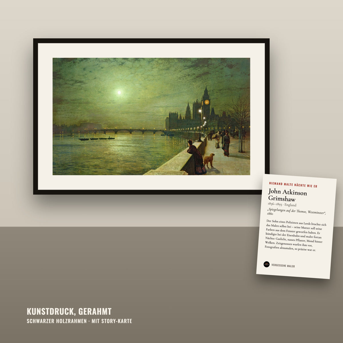 Niemand malte Nächte wie er – Grimshaw: „Spiegelungen auf der Themse, Westminster“ (1880) – Kunstdruck, gerahmt